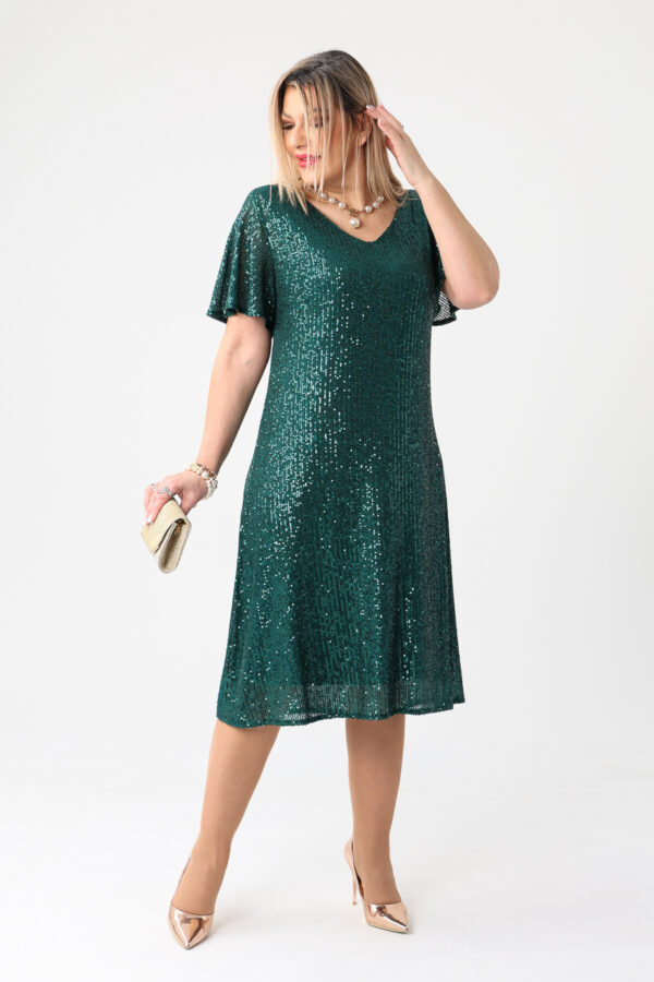 Błyszcząca elegancka sukienka z cekinami plus size zielona midi 44-52