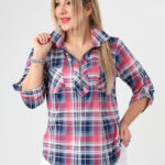 Bluzka koszulowa damska plus size w kratę różowo-granatowa 44-50