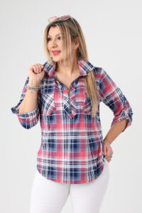 Bluzka koszulowa damska plus size w kratę różowo-granatowa 44-50