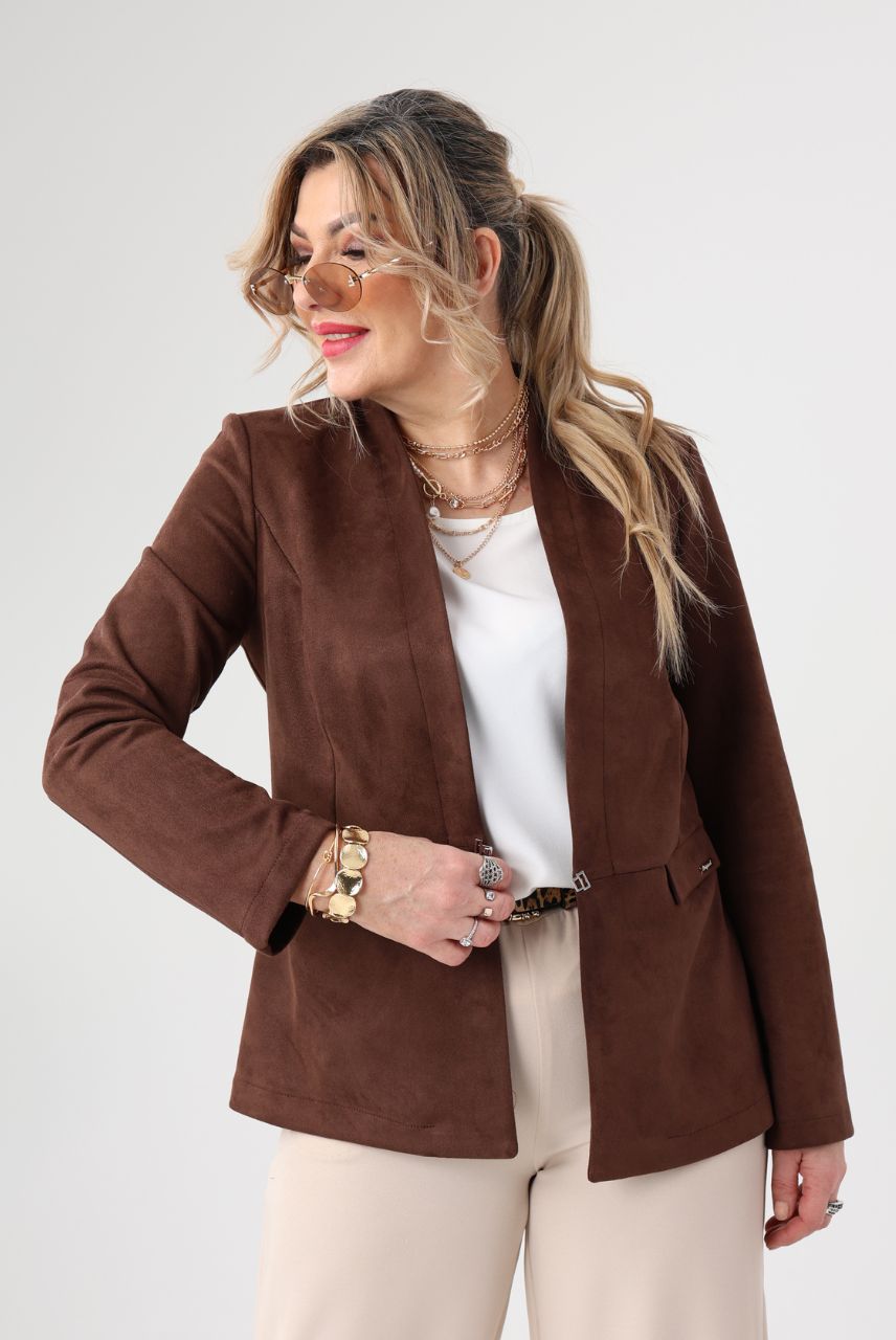 Brązowy elegancki żakiet damski duże rozmiary zamszowy 44-54