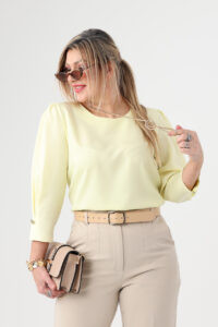Elegancka bluzka damska duże rozmiary żółta z bufiastymi rękawami 44-54
