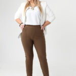 Eleganckie spodnie damskie z wysokim stanem duże rozmiary brązowe 42-54