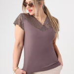 Elegancka bluzka z koronką plus size krótki rękaw brązowa 44-54