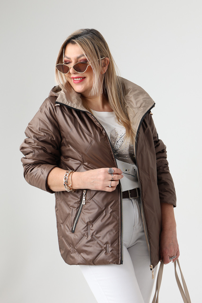 Brązowa kurtka damska przejściowa plus size z odpinanym kapturem 42-50