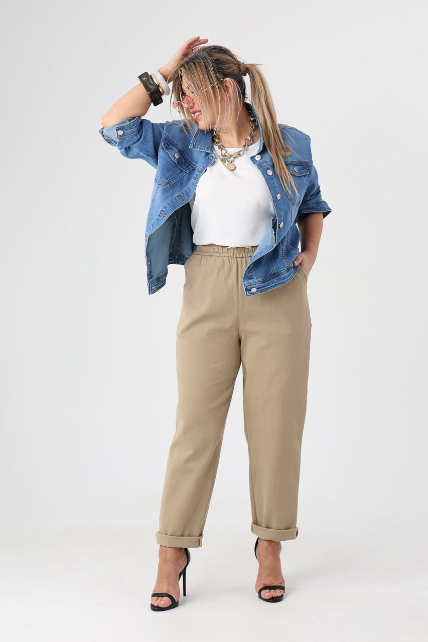 Spodnie bawełniane damskie duże rozmiary beżowe z gumką w pasie 42-52