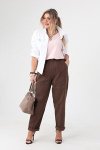 Spodnie bawełniane damskie duże rozmiary brązowe z gumką w pasie 42-52