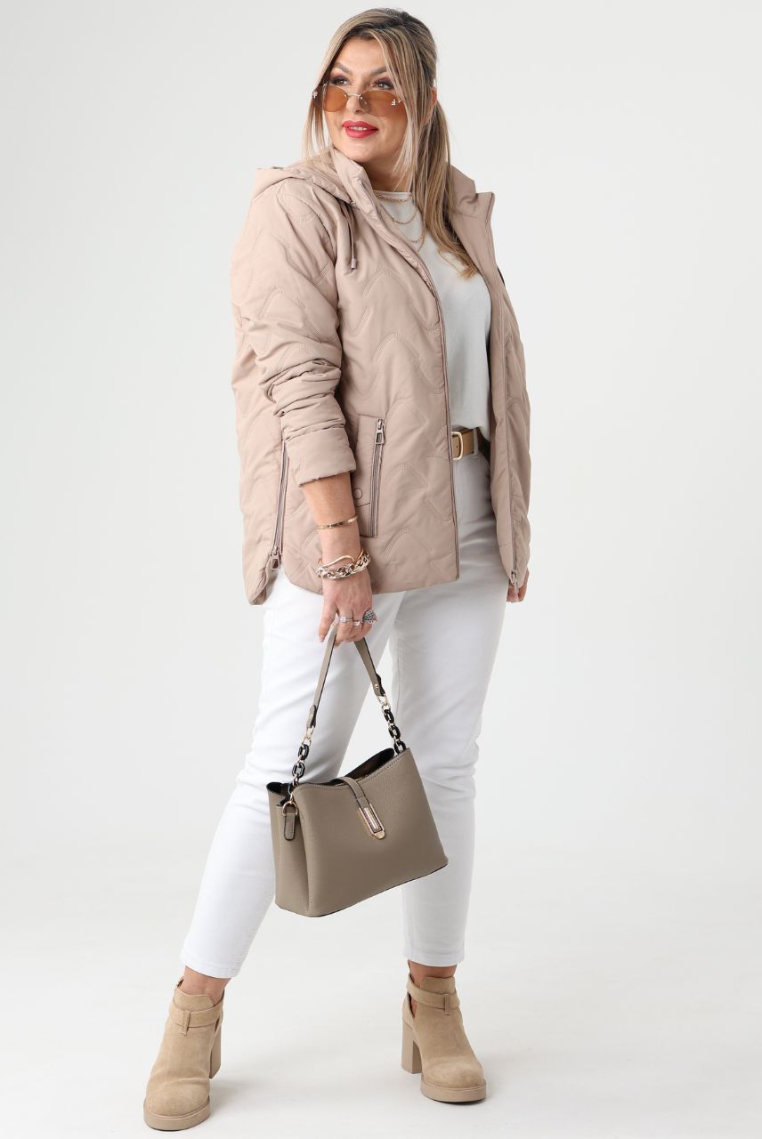 Beżowa kurtka przejściowa damska plus size z odpinanym kapturem 42-52