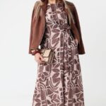 Brązowa sukienka rozkloszowana plus size do pracy, sukienka luźna duży rozmiar 44-52 dla puszystych