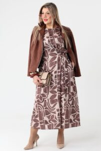 Brązowa sukienka rozkloszowana plus size do pracy, sukienka luźna duży rozmiar 44-52 dla puszystych