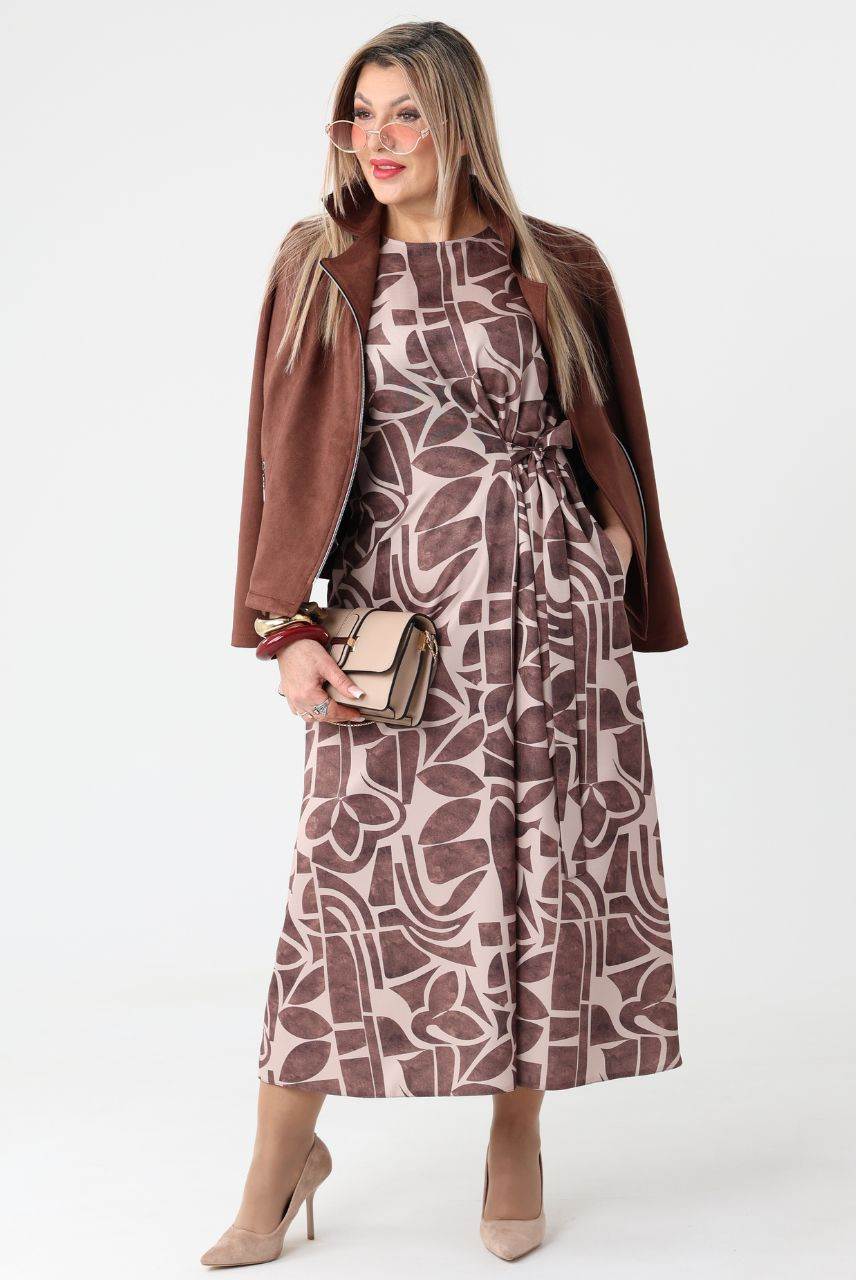 Brązowa sukienka rozkloszowana plus size do pracy, sukienka luźna duży rozmiar 44-52 dla puszystych