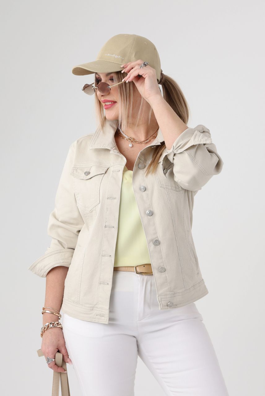 Dżinsowa kurtka damska duże rozmiary beżowa