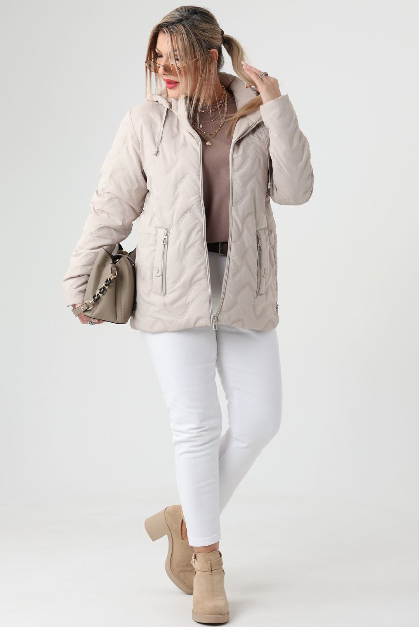 Kremowa kurtka przejściowa damska plus size z odpinanym kapturem 42-52