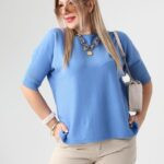 Sweterek dla puszystych kremowy krótki rękaw