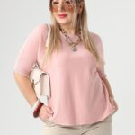 Sweterek dla puszystych różowy krótki rękaw