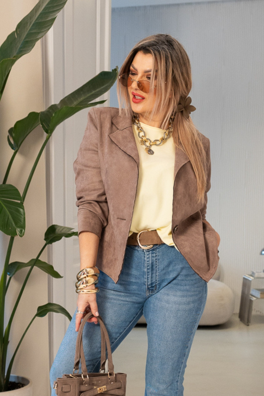 Marynarka damska duże rozmiary jasnobrązowa zamszowa