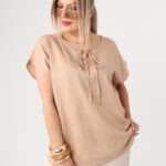 Bluzka damska duże rozmiary z haftem i krótkim rękawem beżowa 44-50