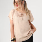 Bluzka damska duże rozmiary z haftem i krótkim rękawem kremowa 44-50