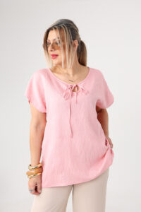 Bluzka damska duże rozmiary z haftem i krótkim rękawem różowa 44-50