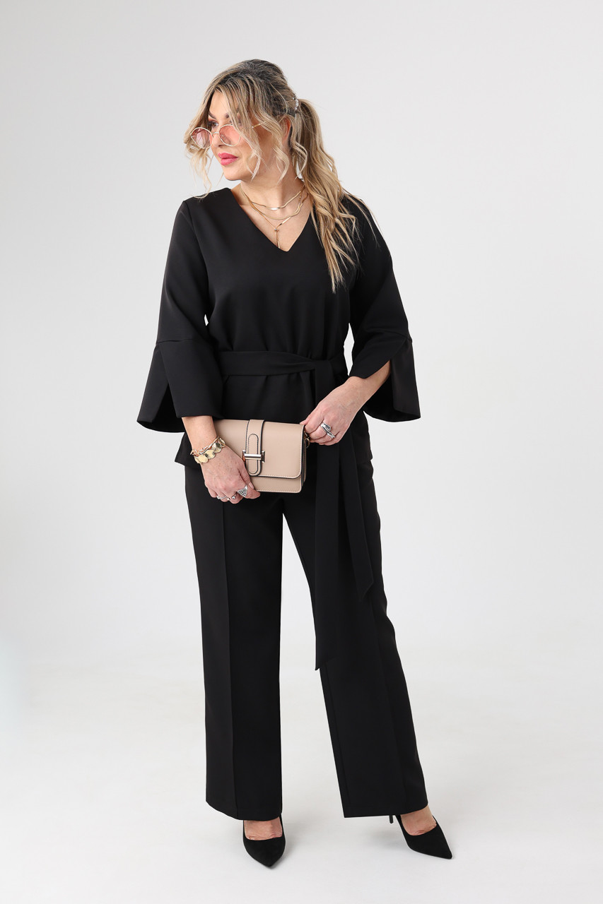 Elegancki komplet damski plus size czarny bluzka i spodnie 44-52