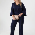Elegancki komplet damski plus size granatowy bluzka i spodnie 44-52