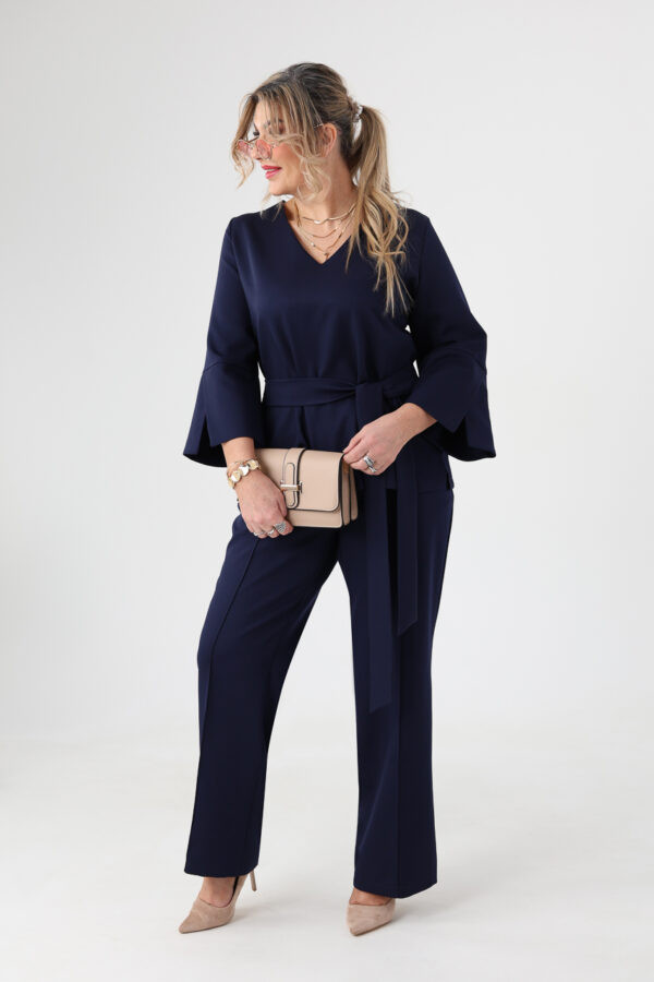 Elegancki komplet damski plus size granatowy bluzka i spodnie 44-52