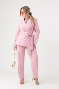 Komplet damski elegancki plus size pudrowy róż 42-52