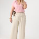 Letnie spodnie damskie duże rozmiary z szerokimi nogawkami beżowe 42-48