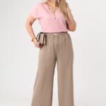 Letnie spodnie damskie duże rozmiary z szerokimi nogawkami brązowe 42-48