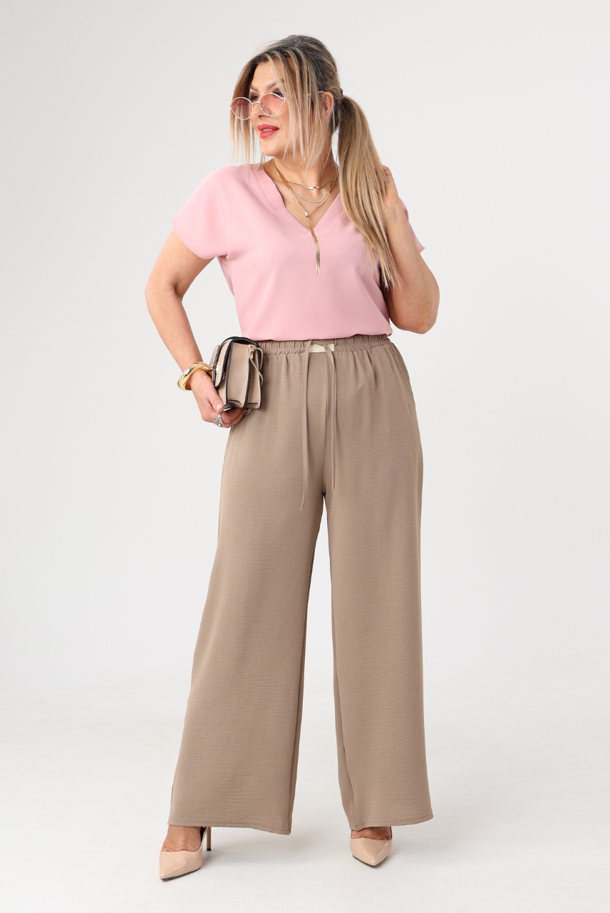 Letnie spodnie damskie duże rozmiary z szerokimi nogawkami brązowe 42-48