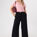 Letnie spodnie damskie duże rozmiary z szerokimi nogawkami czarne 42-48