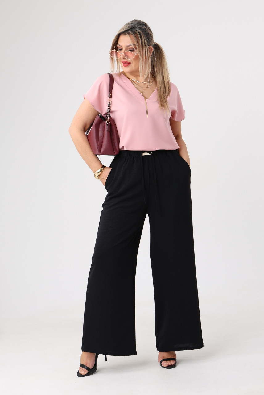Letnie spodnie damskie duże rozmiary z szerokimi nogawkami czarne 42-48
