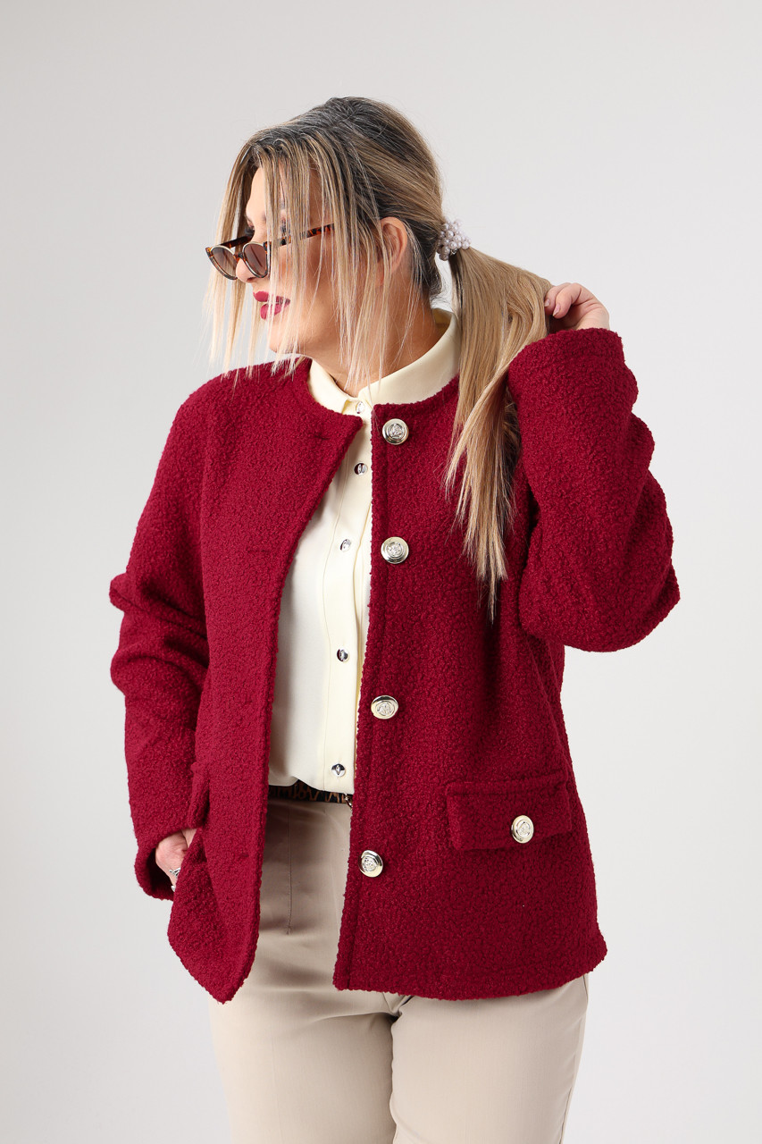 Przejściowa damska kurtka bukla plus size narzutka bordowa 44-52