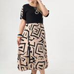 Sukienka-bombka-plus-size-w-geometryczne-wzory-beżowo-czarna (5)
