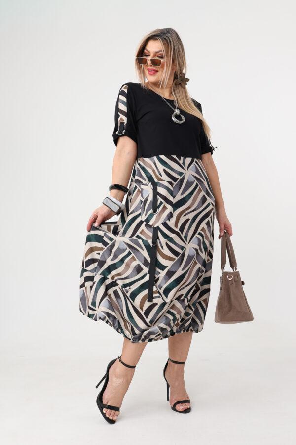 Sukienka-bombka-plus-size-w-geometryczne-wzory-czarno-beżowa (7)