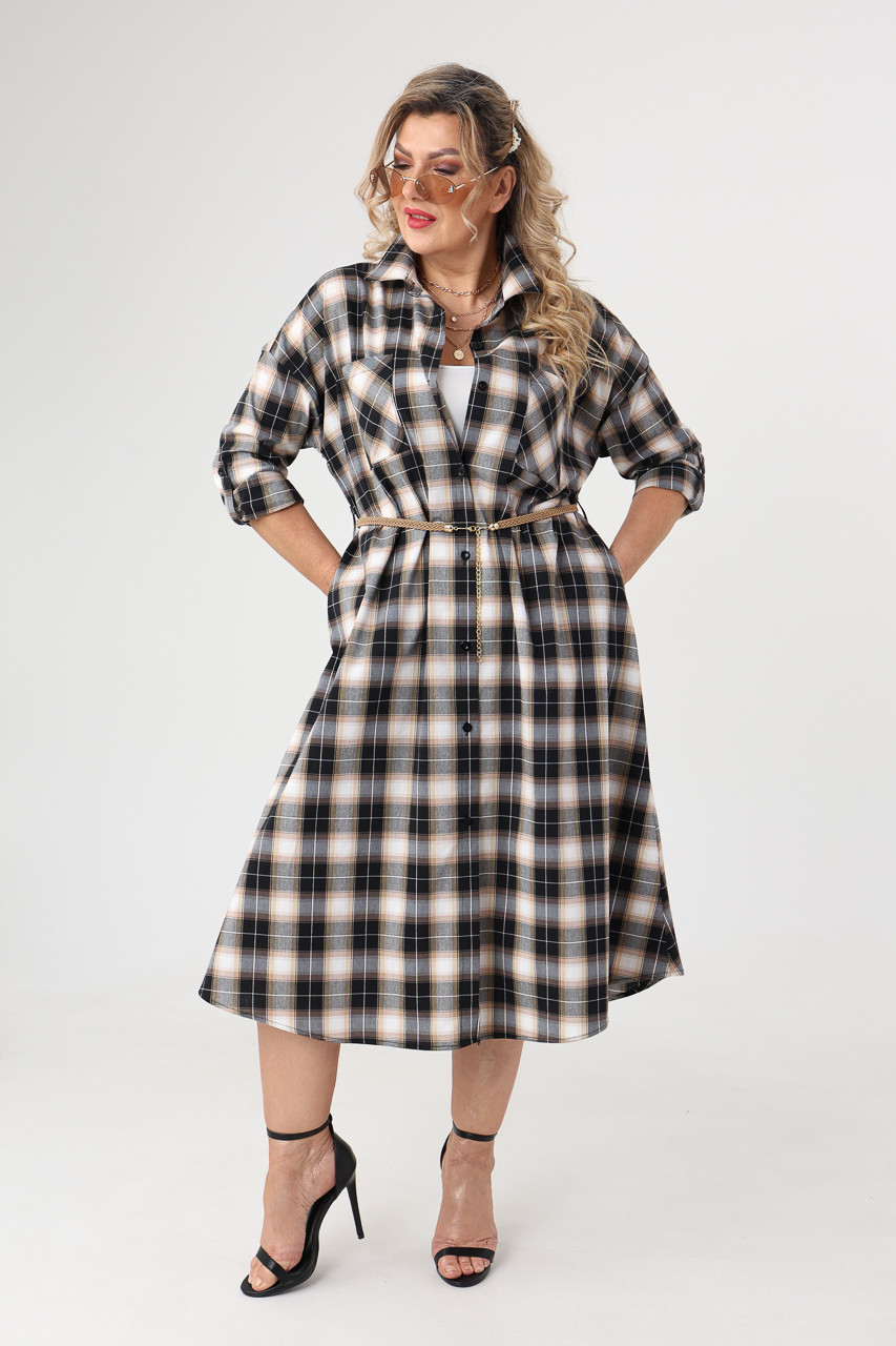 Sukienka koszulowa plus size w kratę czarno-beżowa 42-50
