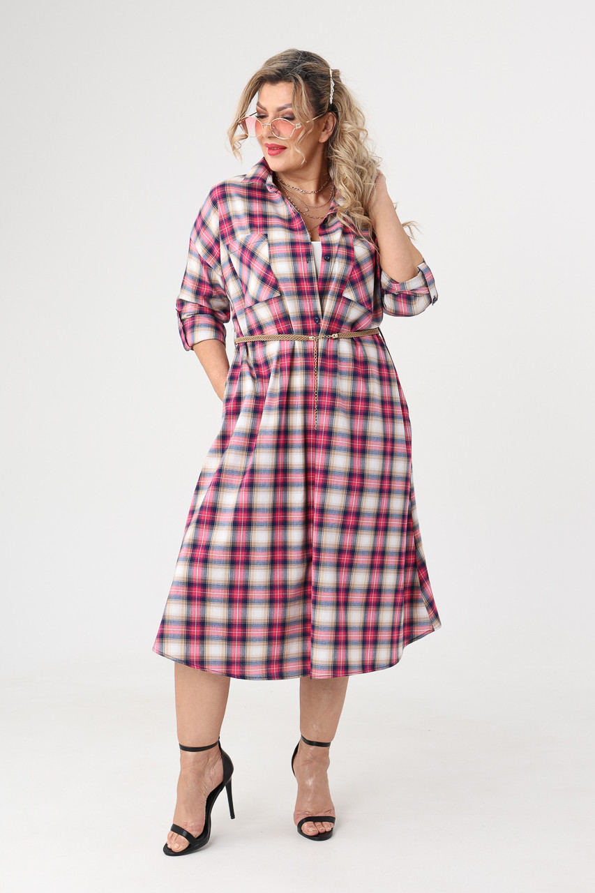 Sukienka koszulowa plus size w kratę różowo-biała 42-50