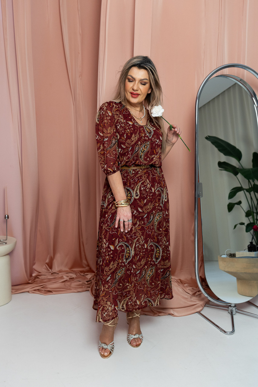 Sukienka szyfonowa plus size w orientalne wzory bordowa 44-52