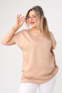 Luźna bluzka damska plus size brązowa krótki rękaw