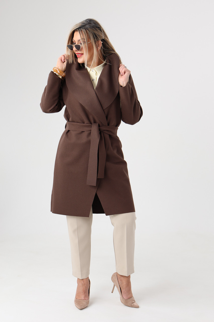 Brązowy płaszcz przejściowy plus size wiązany w pasie 42-50
