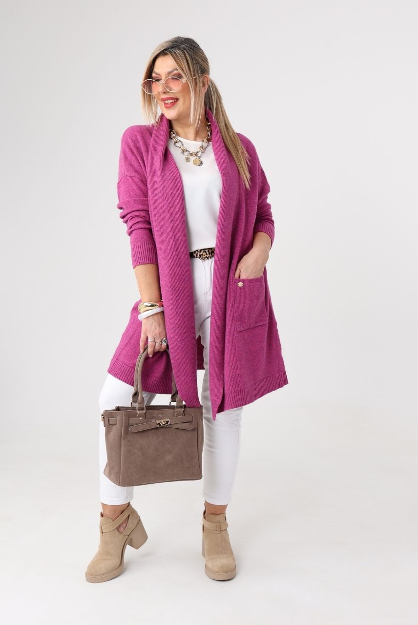 Kardigan damski XXL amarantowy – moda dla puszystych