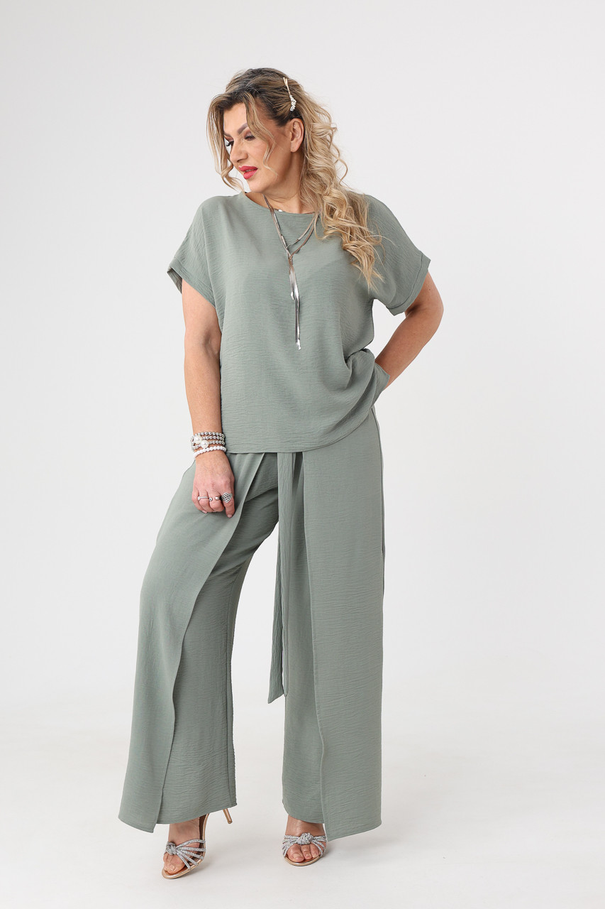 Khaki elegancki komplet damski plus size bluzka i spodnie z rozcięciem po boku 44-52