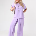 Fioletowy elegancki komplet damski plus size bluzka i spodnie z rozcięciem po boku 44-52