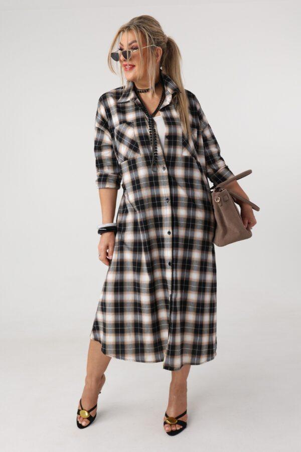 Sukienka koszulowa plus size w kratę czarno-beżowa 42-50