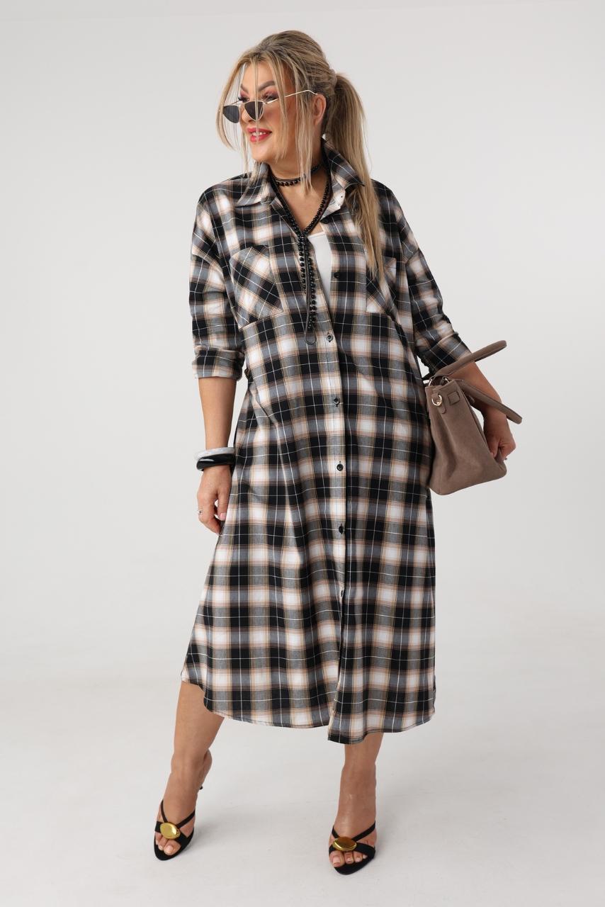 Sukienka koszulowa plus size w kratę czarno-beżowa 42-50