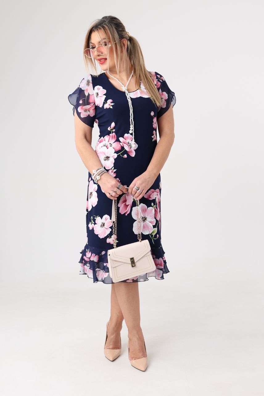 Letnia zwiewna koktajlowa sukienka duże rozmiary w kwiaty