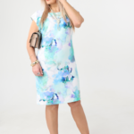 Sukienka elegancka biała wizytowa niebiesko-zielona