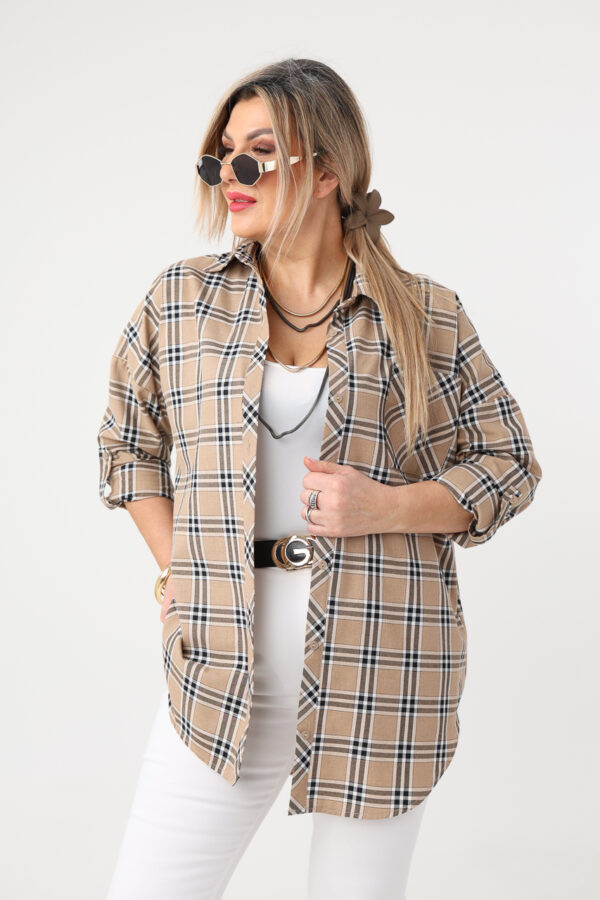 Bawełniana koszula w kratę plus size beżowa 42-50