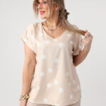 Beżowo-biała bluzka damska plus size z krótkim rękawem 44-54