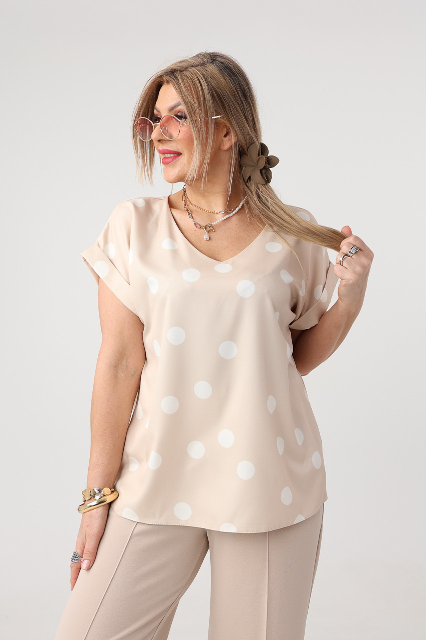 Beżowo-biała bluzka damska plus size z krótkim rękawem 44-54