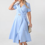 Rozkloszowana sukienka kopertowa plus size niebieska 42-54